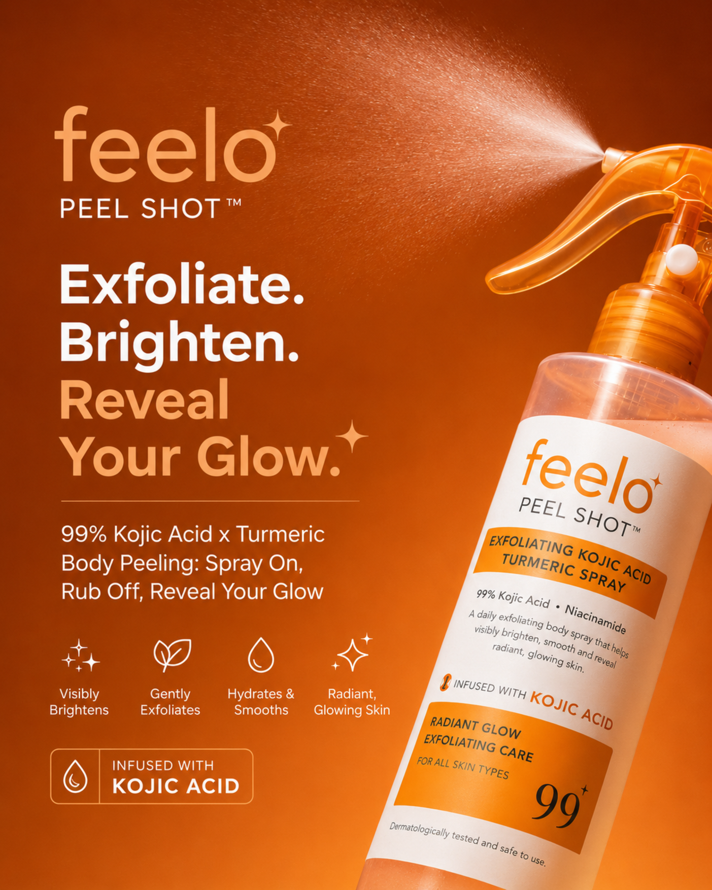 Feelo Advanced Kojic Acid & Turmeric Brightening Peel Shot Spray for Smooth