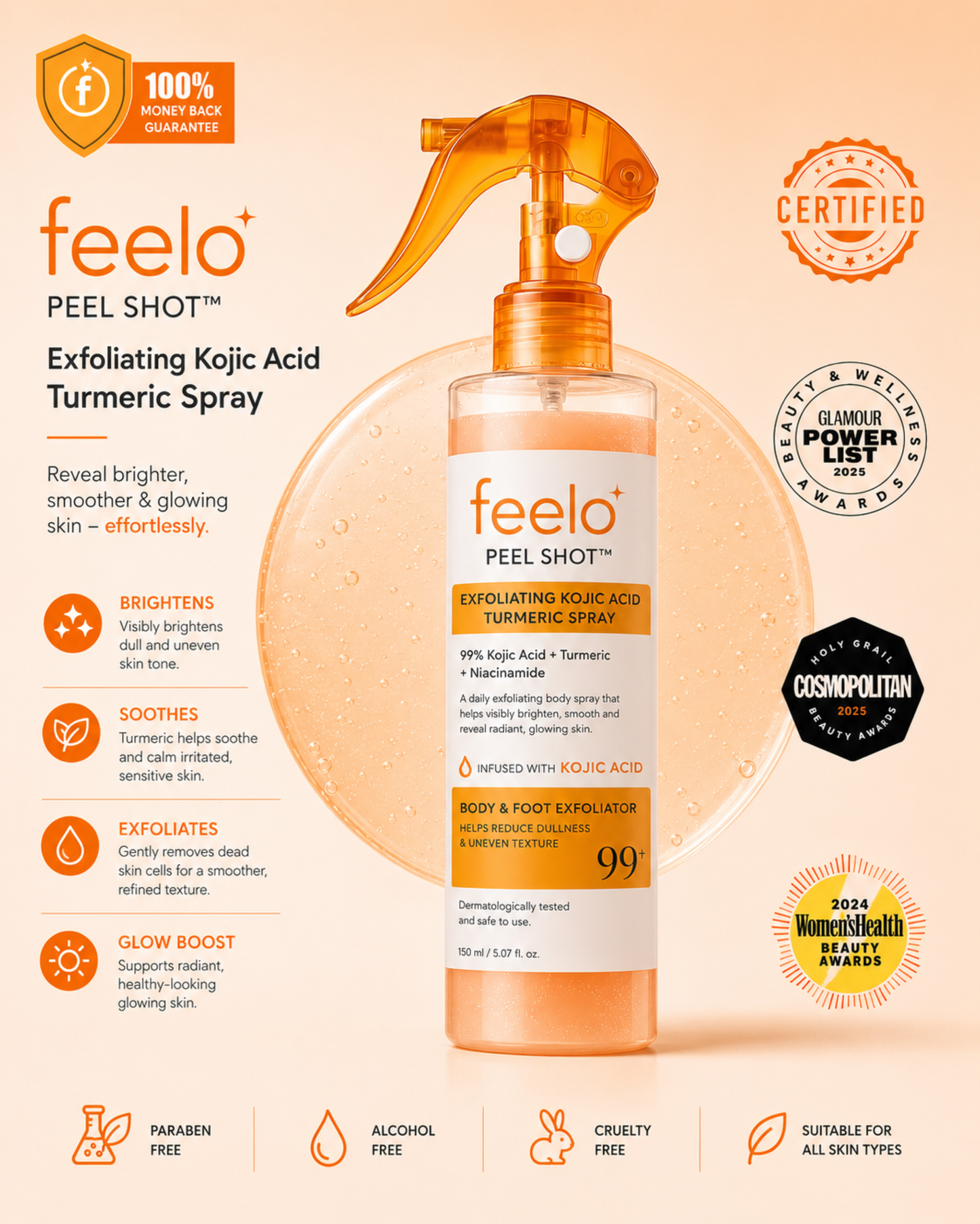 Feelo Advanced Kojic Acid & Turmeric Brightening Peel Shot Spray for Smooth